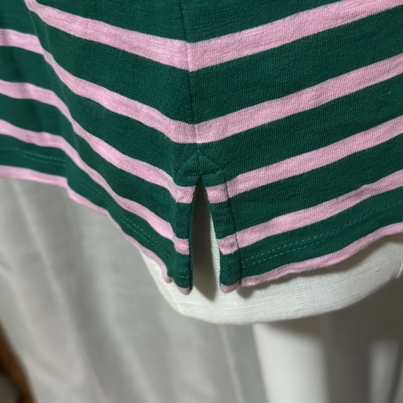 J Crew Crew Neck Shirt-3/4 Sleeve-Sz M-Cotton-Pink/Green Striped-Notched sides - Picture 6 of 13